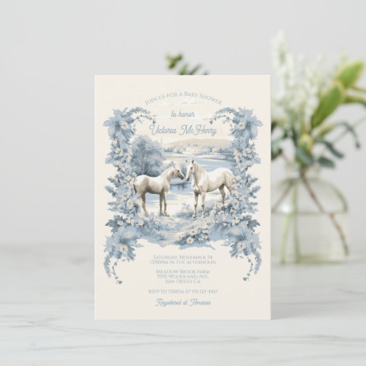 Toile Floral White Horses Baby shower Kaart (Staand voorkant)