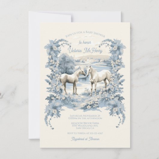 Toile Floral White Horses Baby shower Kaart (Voorkant)