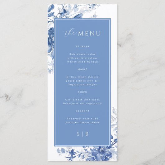 Toile Frans Blauw Bloemen Trouwmenu Menu (Voorkant)