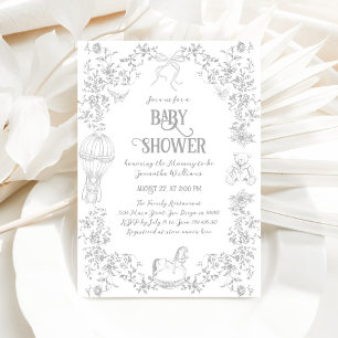 Toile Frans Elegant Grijs Neutraal Baby shower Kaart