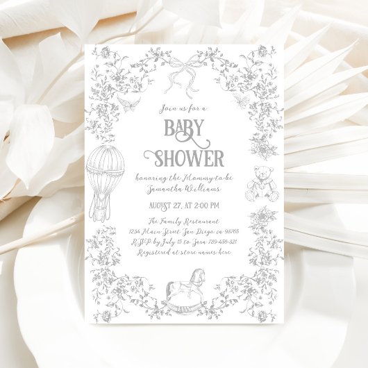 Toile Frans Elegant Grijs Neutraal Baby shower Kaart