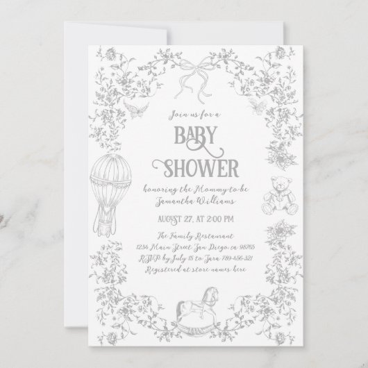 Toile Frans Elegant Grijs Neutraal Baby shower Kaart (Voorkant)