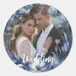 Toile Franse  Blauwe Bloemen Huwelijk Ronde Sticker