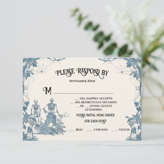 Toile Halloween Gotisch skelet RSVP-respons Kaart (Staand voorkant)