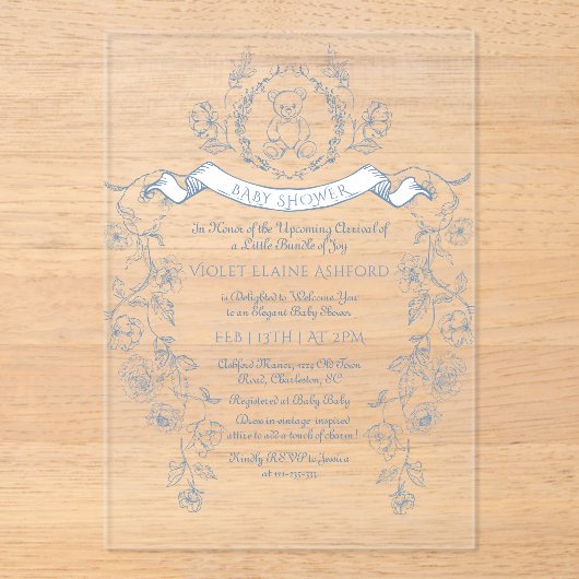 Toile  lijst Chinoiserie Baby shower Acryl Uitnodigingen (Voorkant)