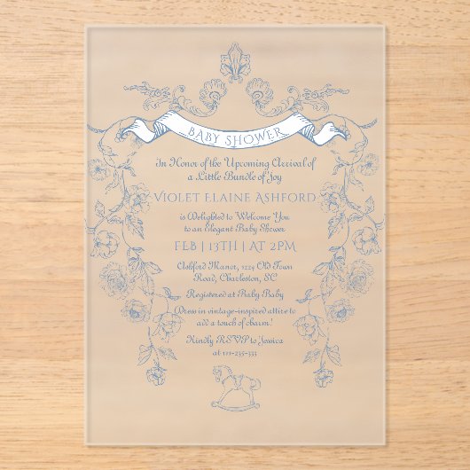 Toile  lijst Chinoiserie Baby shower Acryl Uitnodigingen (Voorkant)