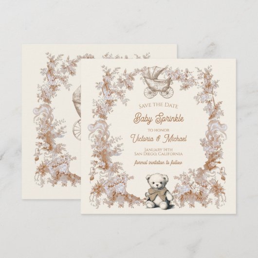 Toile Neutral Teddy Bear Carriage Bewaar de datum Kaart (Voorkant / Achterkant)