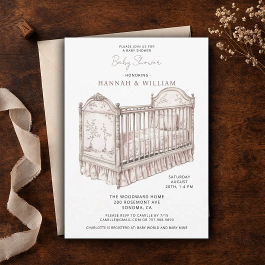 Toile Pink Baby Shower Kaart