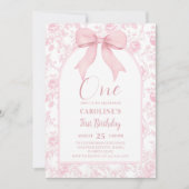 Toile Pink Bow Chinoiserie 1e verjaardag uitnodigi Kaart (Voorkant)