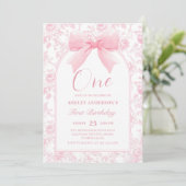 Toile Pink Bow Chinoiserie 1e verjaardag uitnodigi Kaart (Staand voorkant)