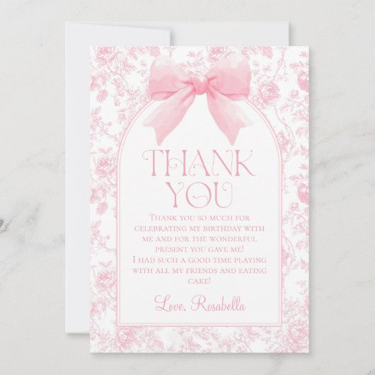 Toile Pink Bow Chinoiserie Girl Verjaardag Bedankkaart (Voorkant)