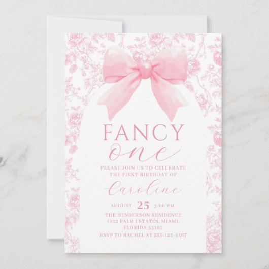 Toile Pink Bow Fancy One Birthday Invitation Kaart (Voorkant)