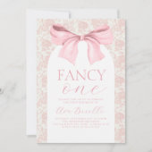 Toile Pink Bow Fancy One Girls Verjaardagsuitnodig Kaart (Voorkant)