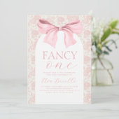 Toile Pink Bow Fancy One Girls Verjaardagsuitnodig Kaart (Staand voorkant)