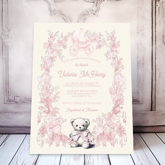 Toile Pink Floral Teddy Bear Carriage Baby shower Kaart
