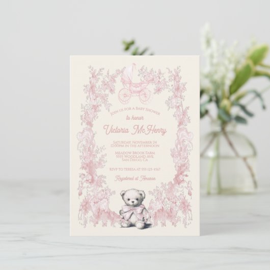 Toile Pink Floral Teddy Bear Carriage Baby shower Kaart (Staand voorkant)
