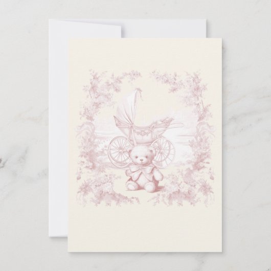 Toile Pink Floral Teddy Bear Carriage Baby shower Kaart (Achterkant)