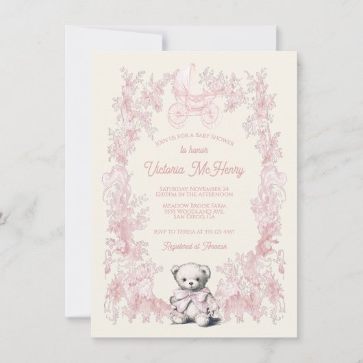 Toile Pink Floral Teddy Bear Carriage Baby shower Kaart (Voorkant)