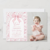 Toile Roze Bow Bloemen 1e Verjaardag Foto Kaart (Voorkant)