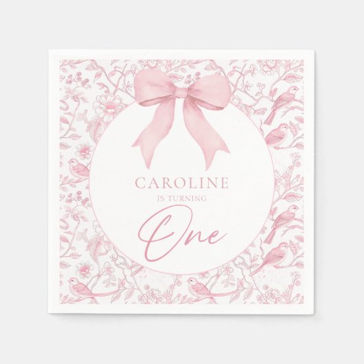 Toile Roze Bow Bloemen 1e Verjaardag Servetten (Voorkant)