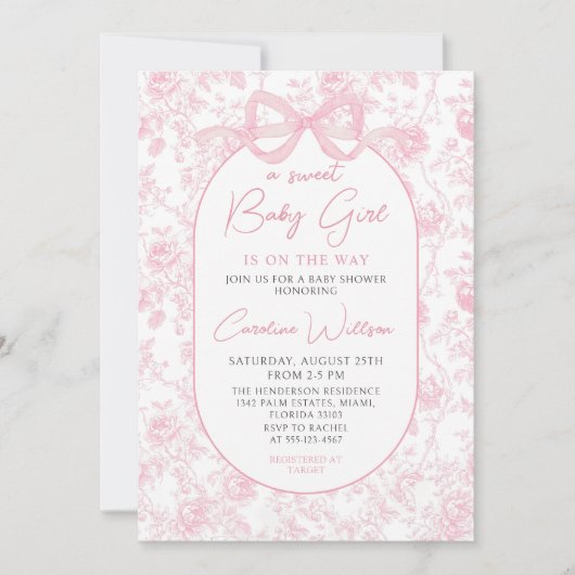 Toile Roze Bow Bloemen Baby shower Uitnodiging (Voorkant)