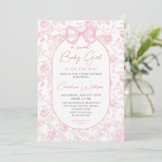 Toile Roze Bow Bloemen Baby shower Uitnodiging (Staand voorkant)