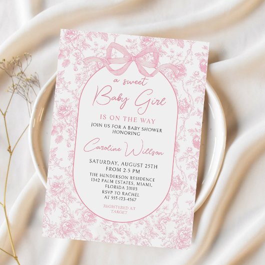 Toile Roze Bow Bloemen Baby shower Uitnodiging