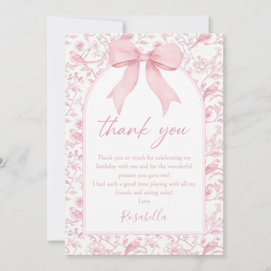 Toile Roze Bow Chinoiserie Bloemen Verjaardag Bedankkaart (Voorkant)