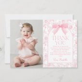 Toile Roze Bow Chinoiserie Meisje Verjaardagsfoto Bedankkaart (Voorkant)