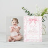 Toile Roze Bow Chinoiserie Meisje Verjaardagsfoto Bedankkaart (Staand voorkant)