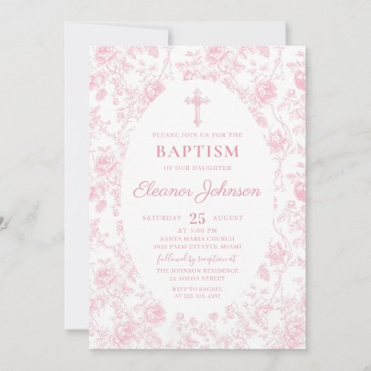 Toile Roze Bow Doop Meisje Uitnodiging (Voorkant)