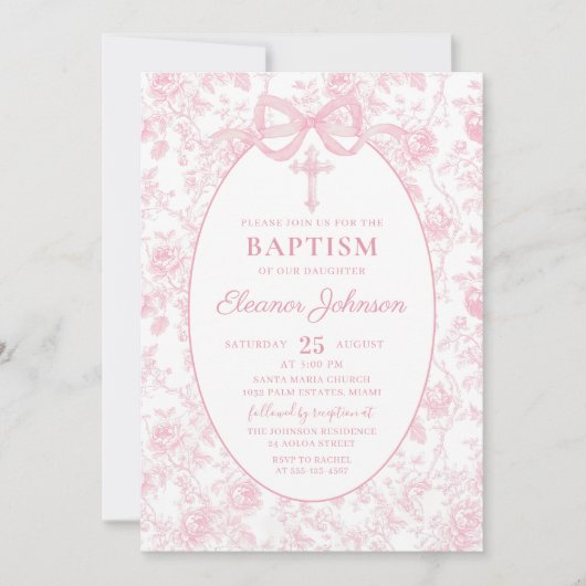 Toile Roze Bow Doop Meisje Uitnodiging (Voorkant)