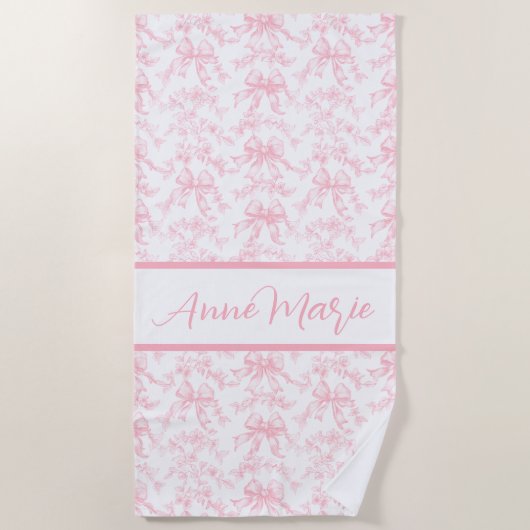 Toile Roze en Witte Coquette Bow Wedding Party Strandlaken (Voorkant)