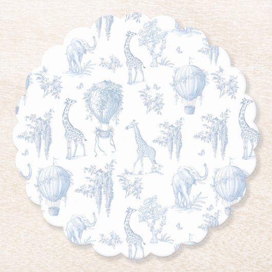 Toile Safari Hete Luchtballonnen Blauw Baby shower Kartonnen Onderzetters (Voorkant)