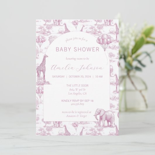 Toile Safari Roze Baby Shower Uitnodiging Dier (Staand voorkant)