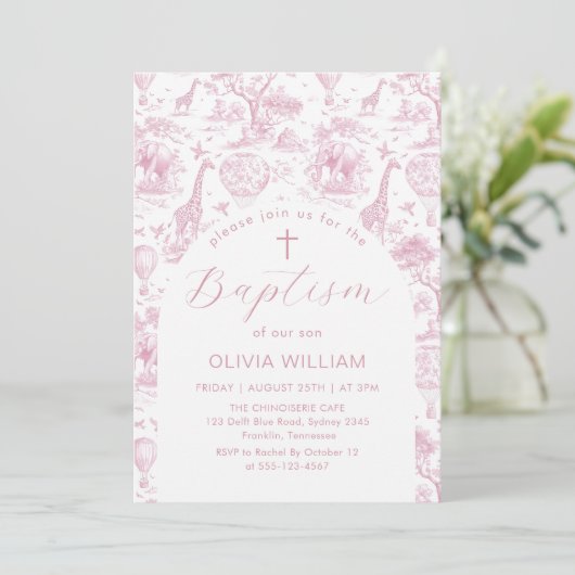 Toile Safari Roze meisje Doop uitnodiging (Staand voorkant)