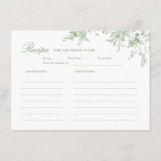 Toile Sage Green Floral Vrijgezellenfeest Recept Informatiekaartje (Voorkant)