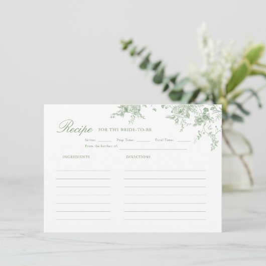 Toile Sage Green Floral Vrijgezellenfeest Recept Informatiekaartje (Staand voorkant)