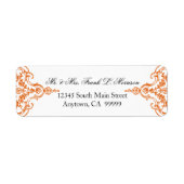 Toile Sinaasappel n wit Damask Swirl Bruiloft Labe Etiket (Voorkant)