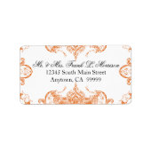Toile Sinaasappel n wit Damask Swirl Bruiloft Labe Etiket (Voorkant)