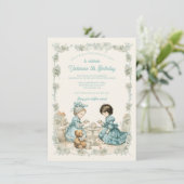 Toile Teddy Bear Picknick Tea Party Verjaardag Kaart (Staand voorkant)