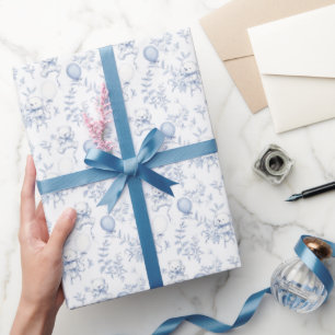 Toile Teddybeer en bloemige stoffige blauwe baby s Cadeaupapier