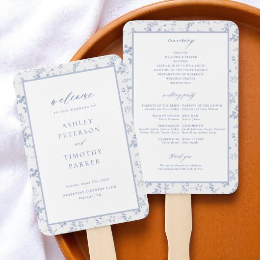 Toile Victorian Blauw Bloem Bruiloft Ceremonie Handwaaier