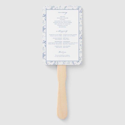 Toile Victorian Blauw Bloemstuk Bruiloft Ceremonie Handwaaier (Achterkant)