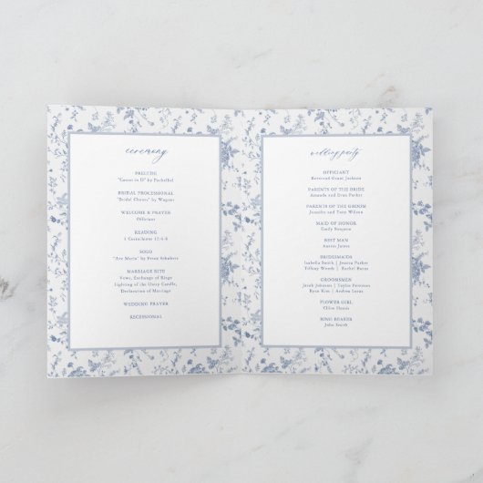 Toile Victorian Blauw Bloemstuk Bruiloft Ceremonie Programma (Binnen)