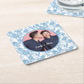 Toile vogel en bloemen Aangepaste naam foto bruilo Kartonnen Onderzetters (Schuin)