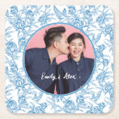 Toile vogel en bloemen Aangepaste naam foto bruilo Kartonnen Onderzetters (Voorkant)