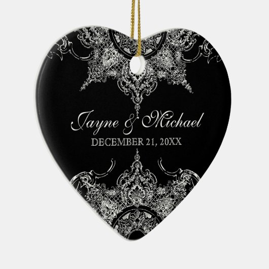 Toile Zwart in Wit Damaskus Werveltje Eerste Kerst Keramisch Ornament (Rechts)