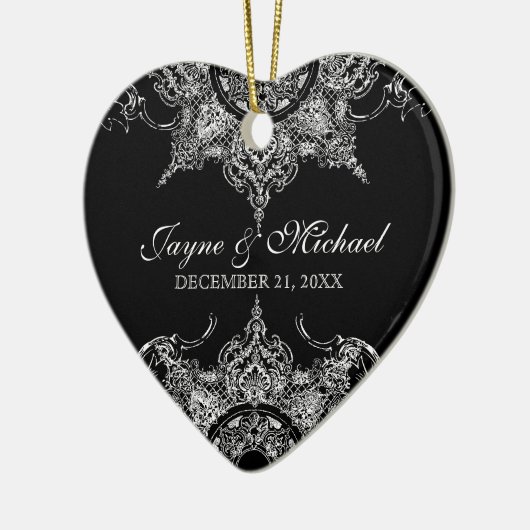 Toile Zwart in Wit Damaskus Werveltje Eerste Kerst Keramisch Ornament (Links)