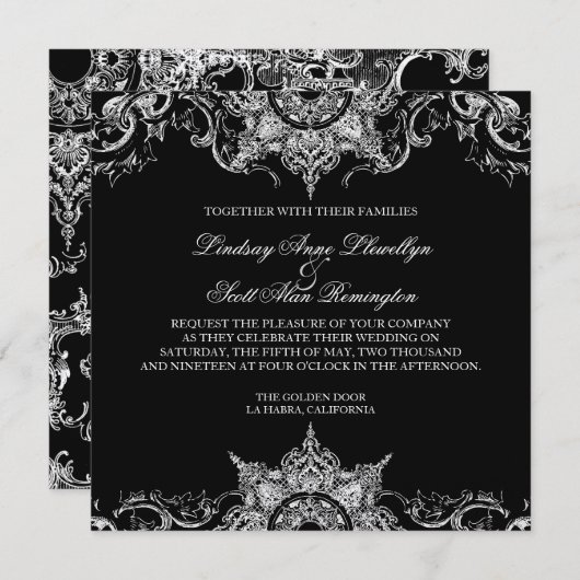 Toile Zwart N Wit Damast Swirl Bruiloft Uitnodigen Kaart (Voorkant / Achterkant)